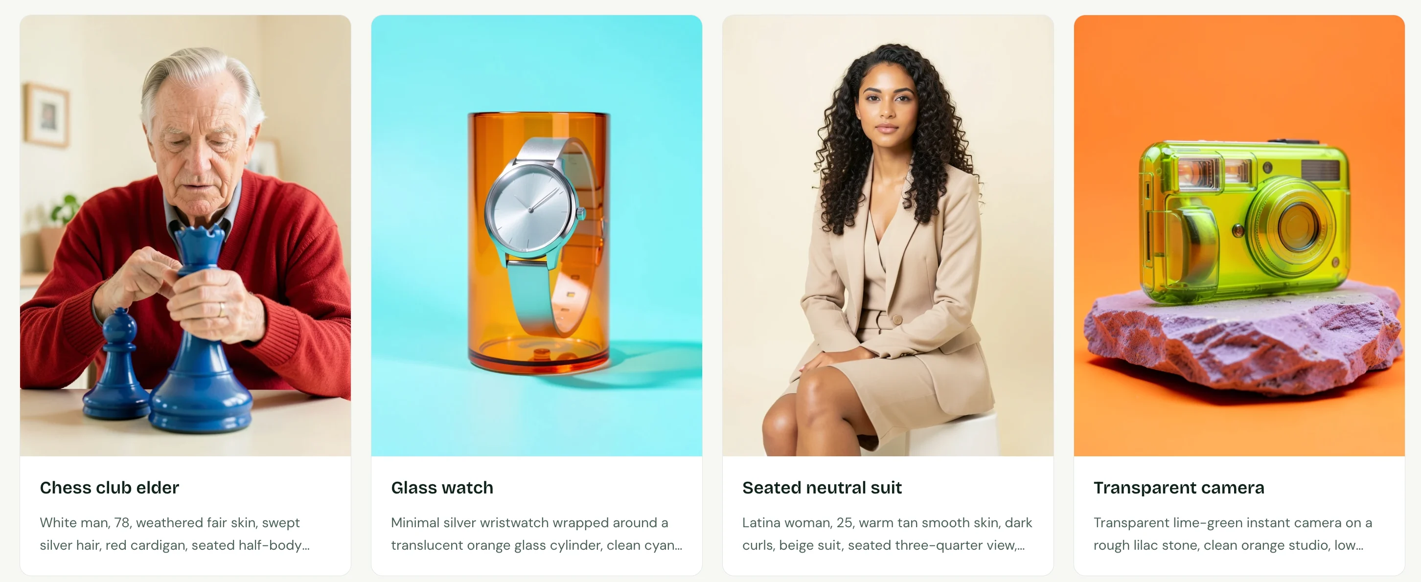 Free AI Image examples featuring an elderly man, a wristwatch, a seated woman, and a transparent camera