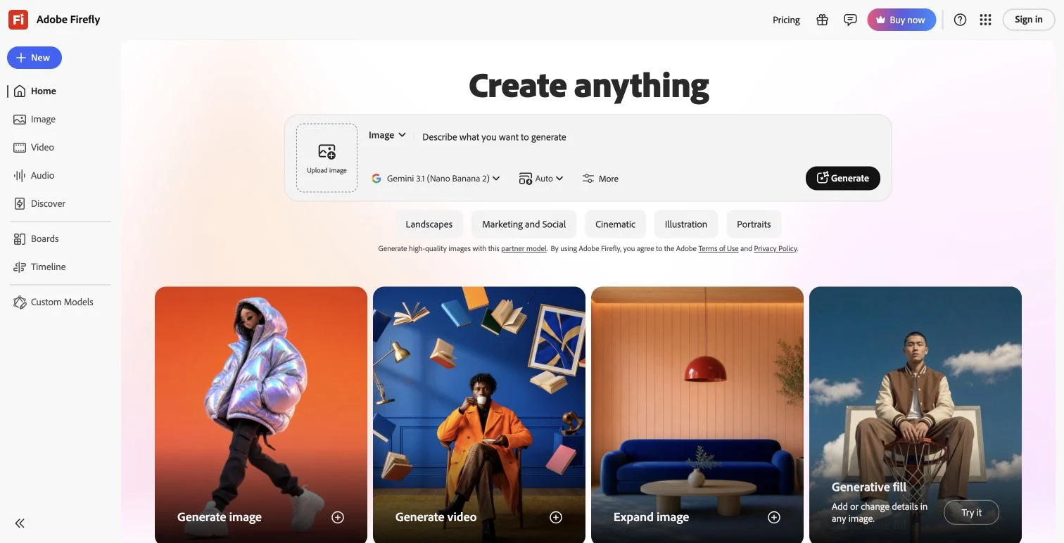 Adobe Firefly homepage with image generation controls