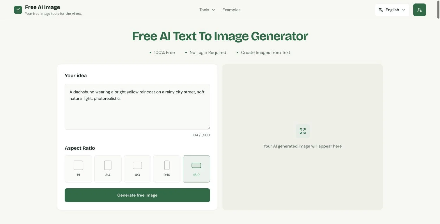 Free AI Image text-to-image interface with prompt and aspect ratio controls